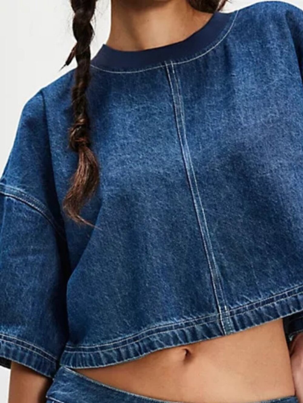 Free People Westley Denim Top Deep Sea Wash Crew Neck Blouse XL
